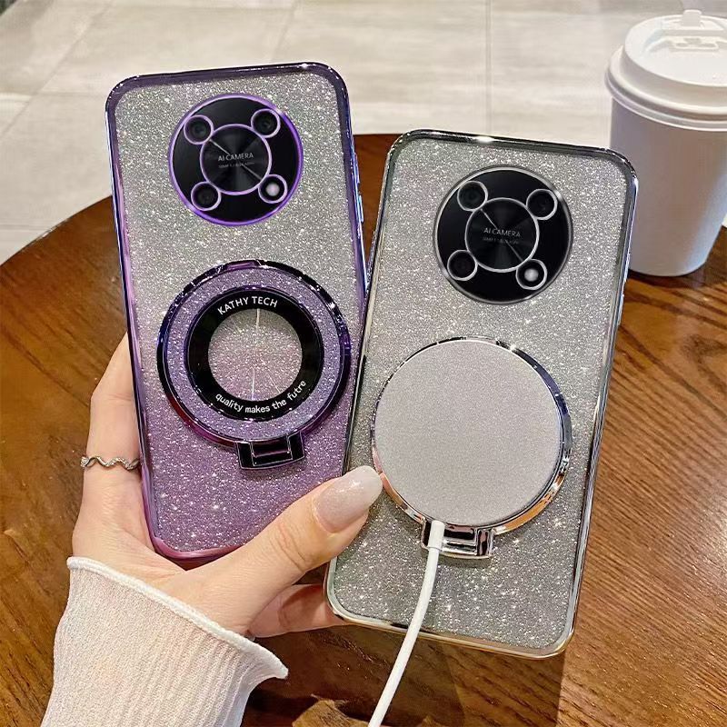 Luxury Magnetic Support Transparent Glitter Powder Phone Case For Huawei nova Y90 Fall Prevention Protective Cover