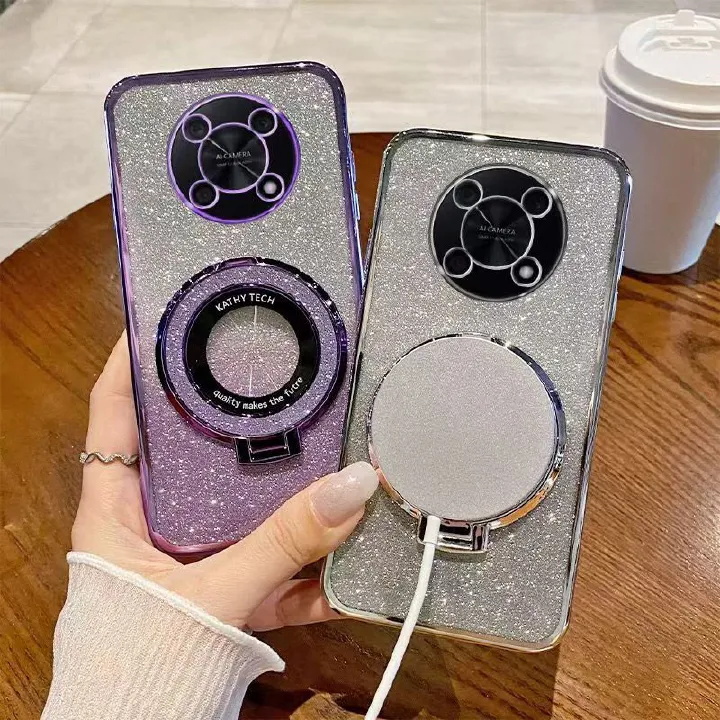 Luxury Magnetic Support Transparent Glitter Powder Phone Case For Huawei nova Y90 Fall Prevention Protective Cover