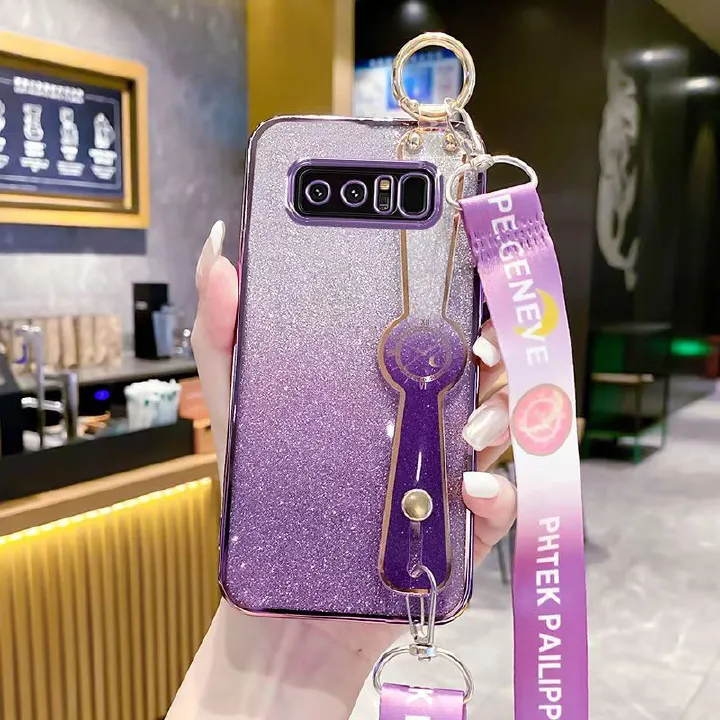 New - Wrist Strap Rope Transparent With Glitter Paper 2 in 1 Phone Case For Samsung Galaxy Note 8 Protective Back Cover