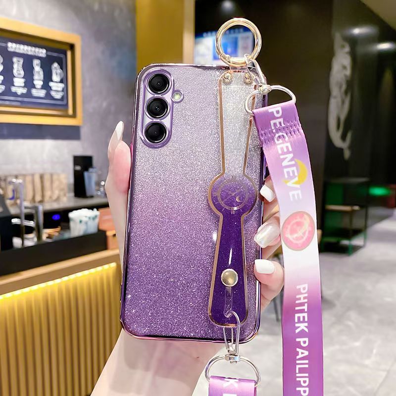 New - Wrist Strap Rope Transparent With Glitter Paper 2 in 1 Phone Case For Samsung Galaxy M14 4G/F14 4G, Protective Back Cover