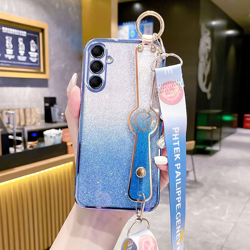 New - Wrist Strap Rope Transparent With Glitter Paper 2 in 1 Phone Case For Samsung Galaxy M14 4G/F14 4G, Protective Back Cover