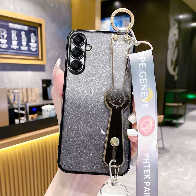 New - Wrist Strap Rope Transparent With Glitter Paper 2 in 1 Phone Case For Samsung Galaxy M14 4G/F14 4G, Protective Back Cover