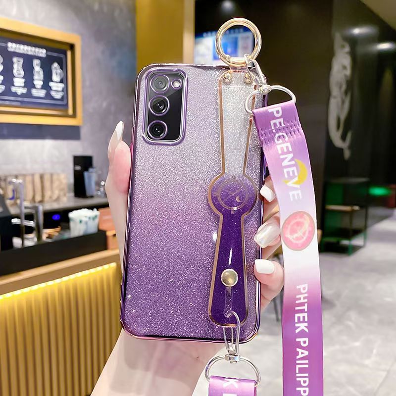 New - Wrist Strap Rope Transparent With Glitter Paper 2 in 1 Phone Case For Samsung Galaxy S20 FE 6.5" Protective Back Cover