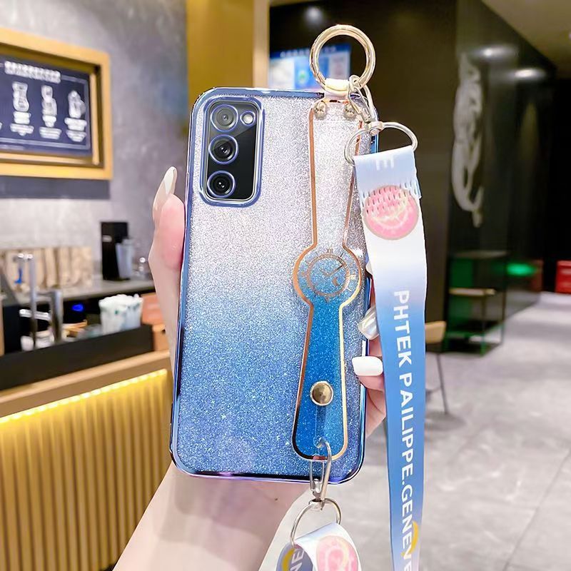 New - Wrist Strap Rope Transparent With Glitter Paper 2 in 1 Phone Case For Samsung Galaxy S20 FE 6.5" Protective Back Cover