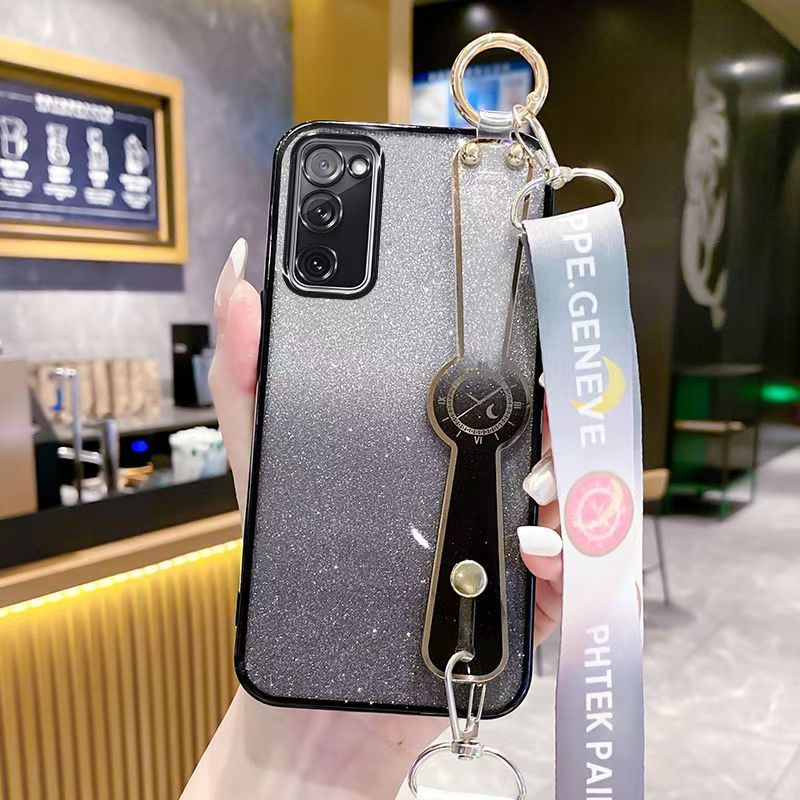 New - Wrist Strap Rope Transparent With Glitter Paper 2 in 1 Phone Case For Samsung Galaxy S20 FE 6.5" Protective Back Cover