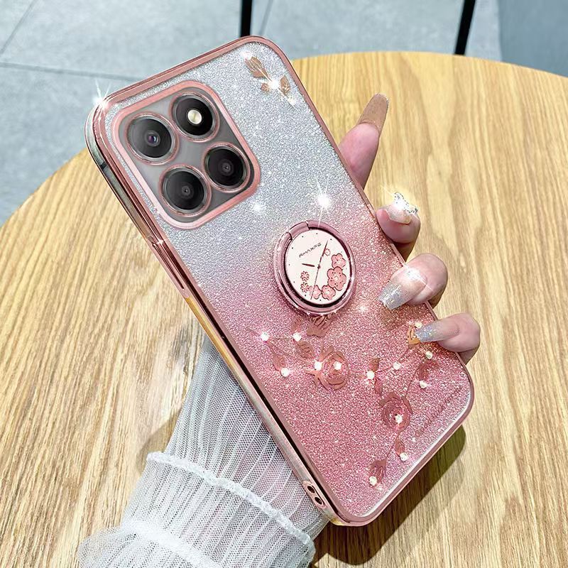 For Honor X6b Phone Case Flash Women's and Girls Pink Flower Transparent Shock Protection Luxury Diamond Shining Phone Case Soft TPU