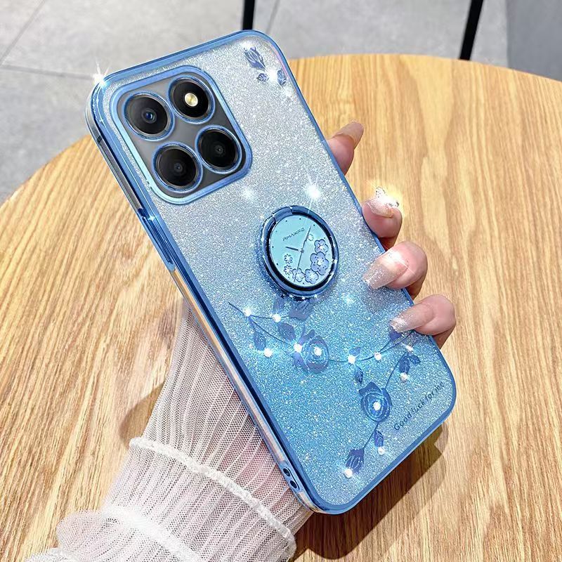 For Honor X6b Phone Case Flash Women's and Girls Pink Flower Transparent Shock Protection Luxury Diamond Shining Phone Case Soft TPU