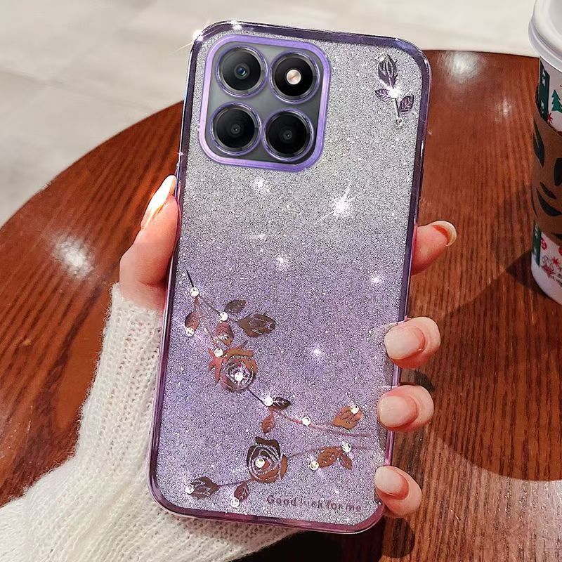For Honor X6b Phone Case Flash Women's and Girls Pink Flower Transparent Shock Protection Luxury Diamond Shining Phone Case Soft TPU