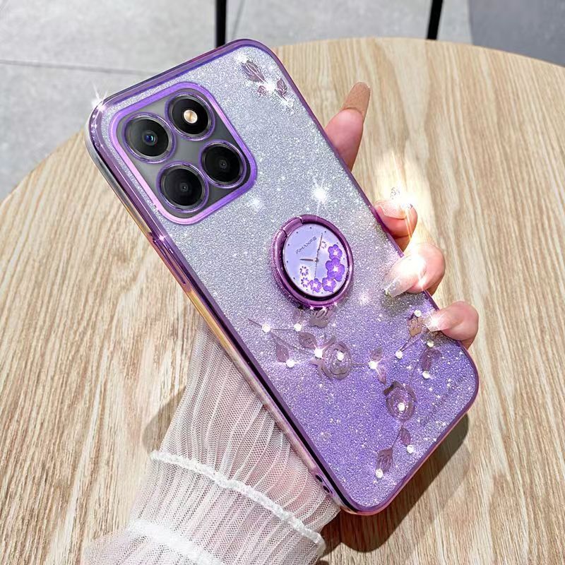 For Honor X6b Phone Case Flash Women's and Girls Pink Flower Transparent Shock Protection Luxury Diamond Shining Phone Case Soft TPU