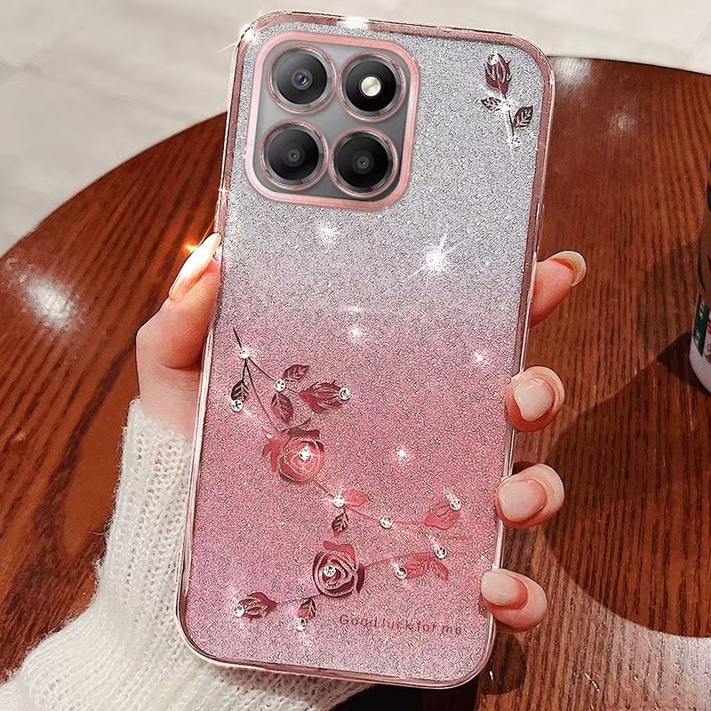 For Honor X6b Phone Case Flash Women's and Girls Pink Flower Transparent Shock Protection Luxury Diamond Shining Phone Case Soft TPU