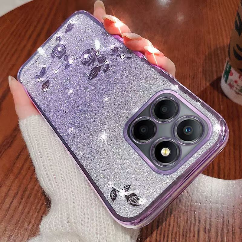For Honor X6b Phone Case Flash Women's and Girls Pink Flower Transparent Shock Protection Luxury Diamond Shining Phone Case Soft TPU
