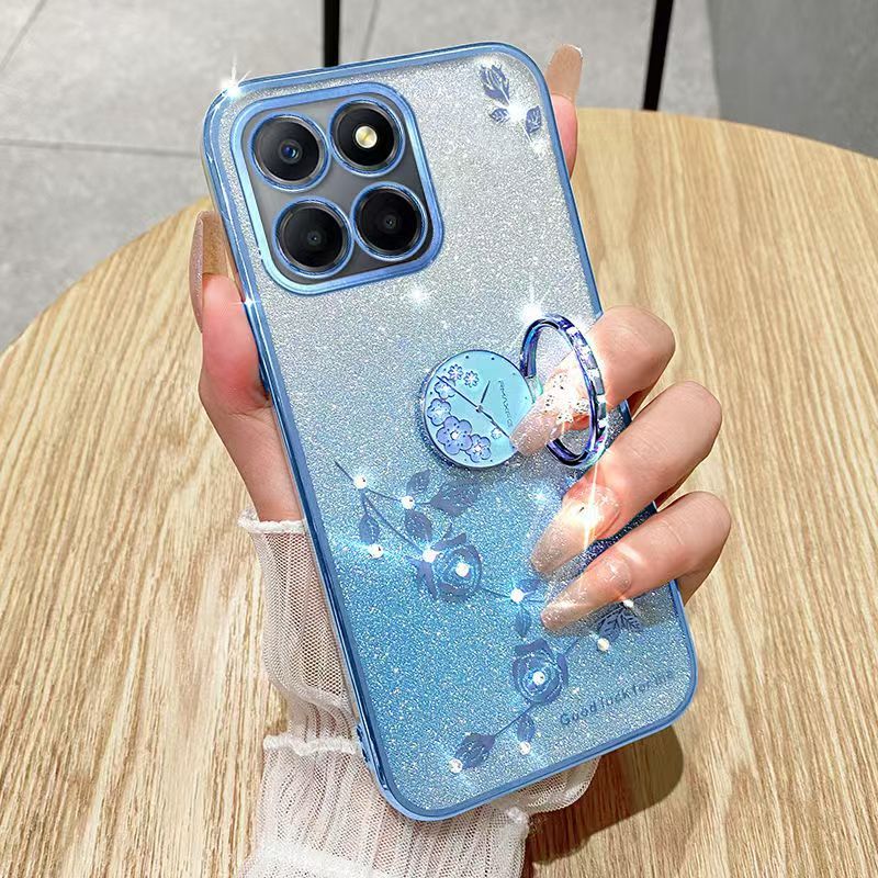 For Honor X6b Phone Case Flash Women's and Girls Pink Flower Transparent Shock Protection Luxury Diamond Shining Phone Case Soft TPU