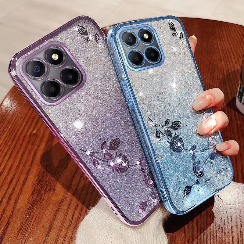 For Honor X6b Phone Case Flash Women's and Girls Pink Flower Transparent Shock Protection Luxury Diamond Shining Phone Case Soft TPU