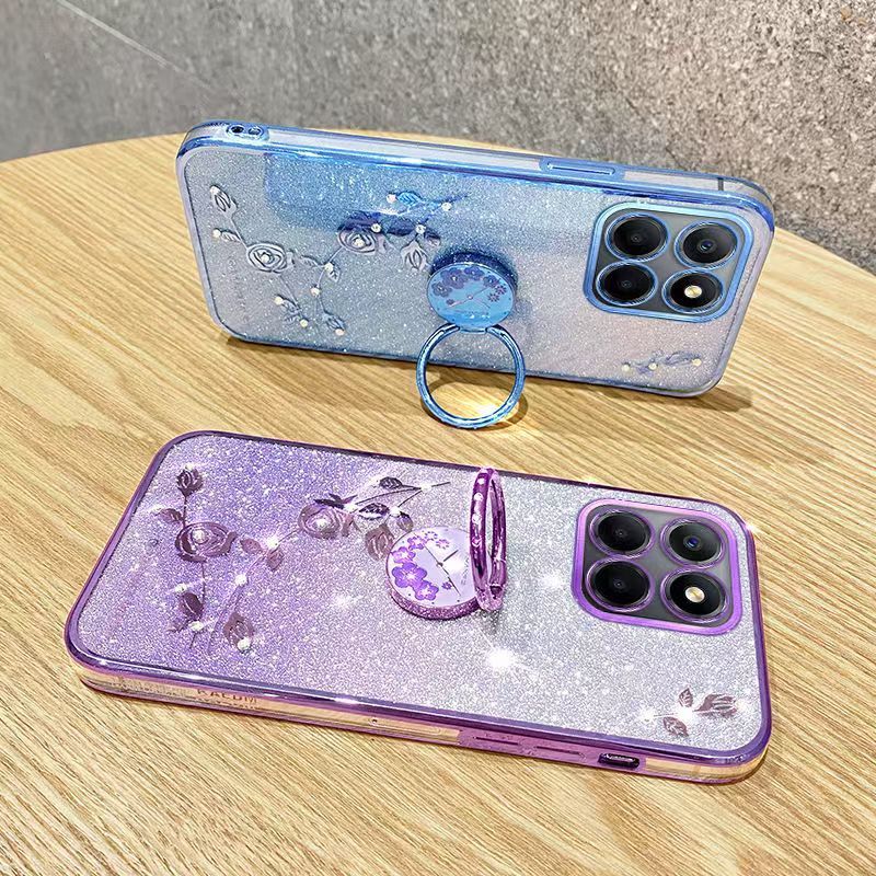 For Honor X6b Phone Case Flash Women's and Girls Pink Flower Transparent Shock Protection Luxury Diamond Shining Phone Case Soft TPU