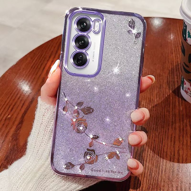 For Oppo Reno 12 -5G Phone Case Flash Women's and Girls Pink Flower Transparent Shock Protection Luxury Diamond Shining Phone Case Soft TPU
