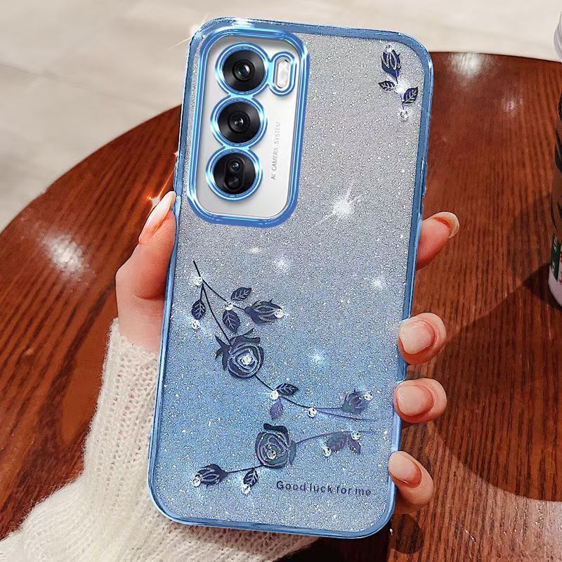 For Oppo Reno 12 -5G Phone Case Flash Women's and Girls Pink Flower Transparent Shock Protection Luxury Diamond Shining Phone Case Soft TPU
