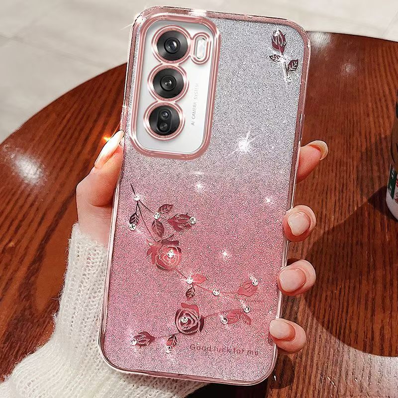 For Oppo Reno 12 -5G Phone Case Flash Women's and Girls Pink Flower Transparent Shock Protection Luxury Diamond Shining Phone Case Soft TPU