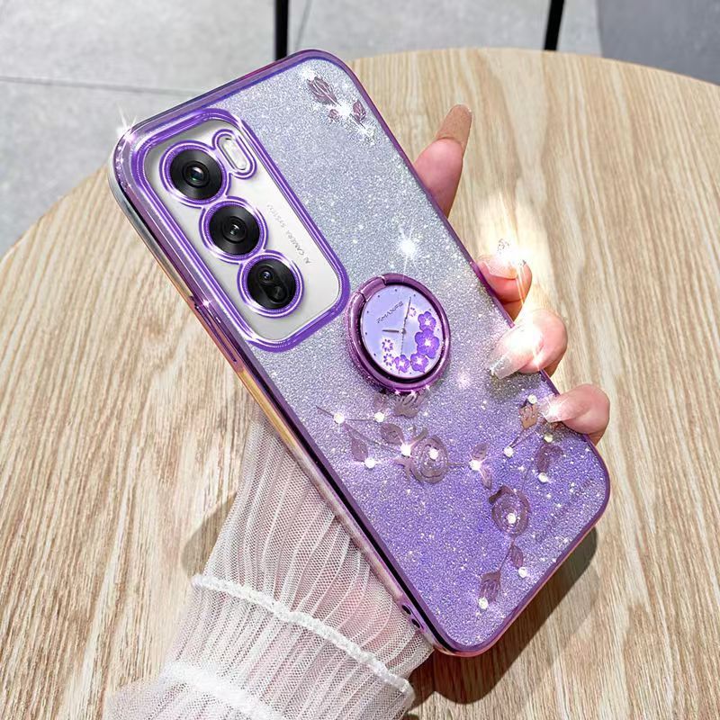 For Oppo Reno 12 -5G Phone Case Flash Women's and Girls Pink Flower Transparent Shock Protection Luxury Diamond Shining Phone Case Soft TPU