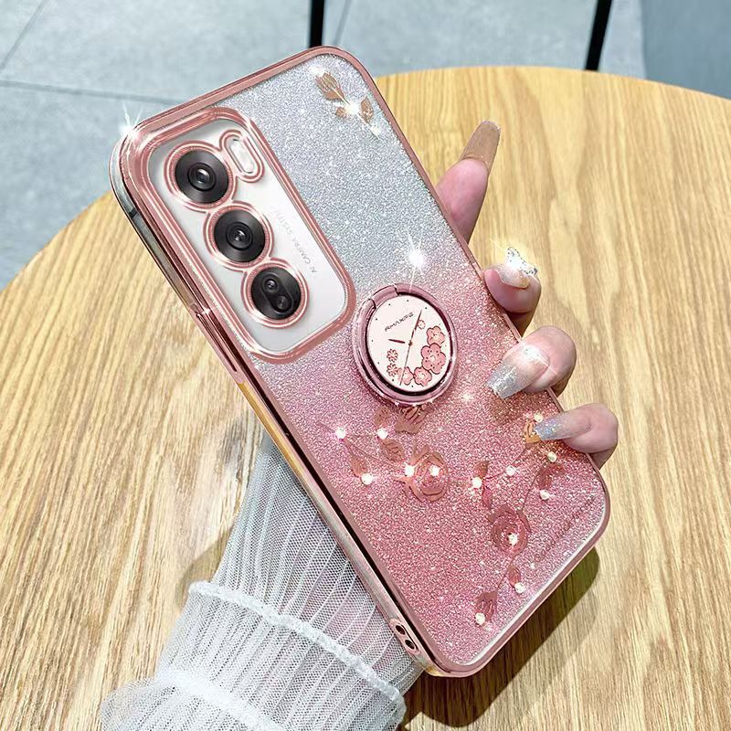 For Oppo Reno 12 -5G Phone Case Flash Women's and Girls Pink Flower Transparent Shock Protection Luxury Diamond Shining Phone Case Soft TPU