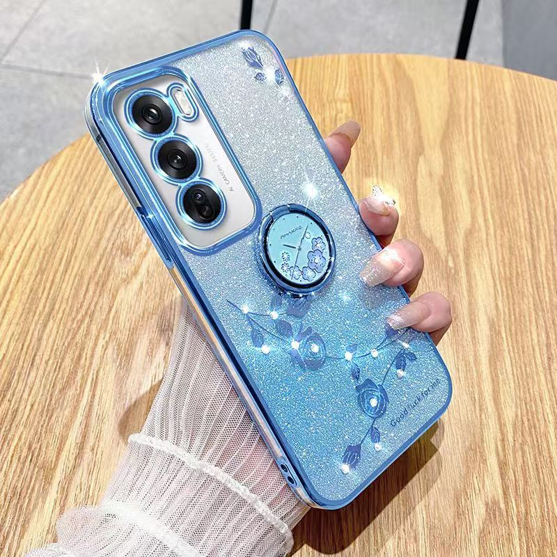For Oppo Reno 12 -5G Phone Case Flash Women's and Girls Pink Flower Transparent Shock Protection Luxury Diamond Shining Phone Case Soft TPU