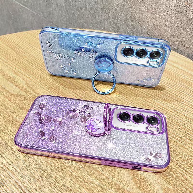 For Oppo Reno 12 -5G Phone Case Flash Women's and Girls Pink Flower Transparent Shock Protection Luxury Diamond Shining Phone Case Soft TPU