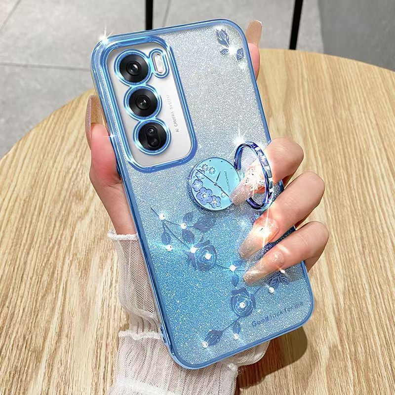 For Oppo Reno 12 -5G Phone Case Flash Women's and Girls Pink Flower Transparent Shock Protection Luxury Diamond Shining Phone Case Soft TPU