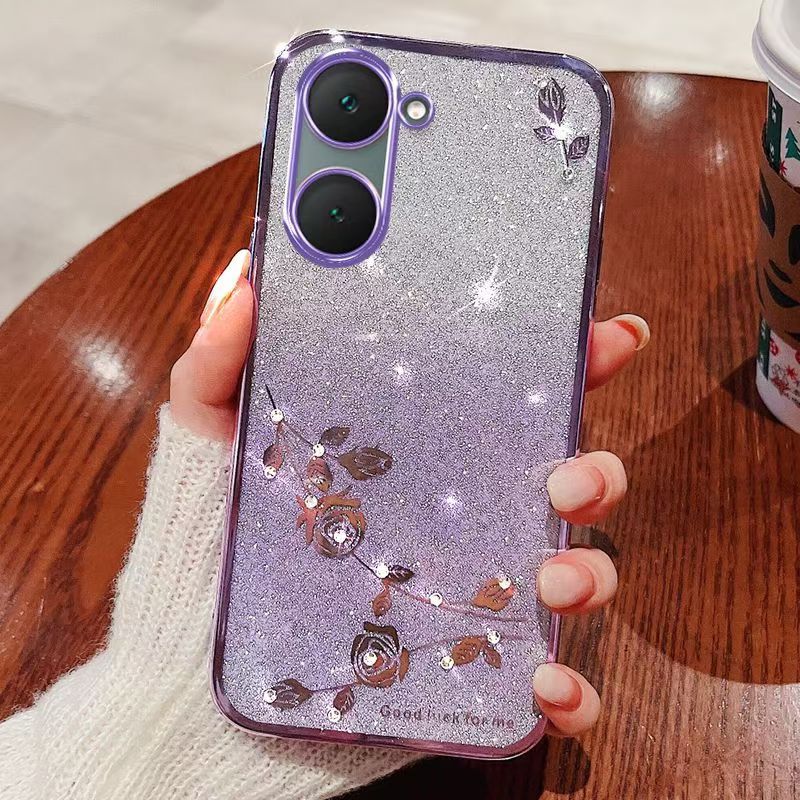 For Vivo Y03 4G/ Y18 4G Phone Case Flash Women's and Girls Pink Flower Transparent Shock Protection Luxury Diamond Shining Phone Case Soft TPU