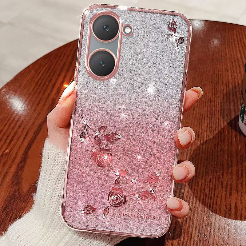For Vivo Y03 4G/ Y18 4G Phone Case Flash Women's and Girls Pink Flower Transparent Shock Protection Luxury Diamond Shining Phone Case Soft TPU