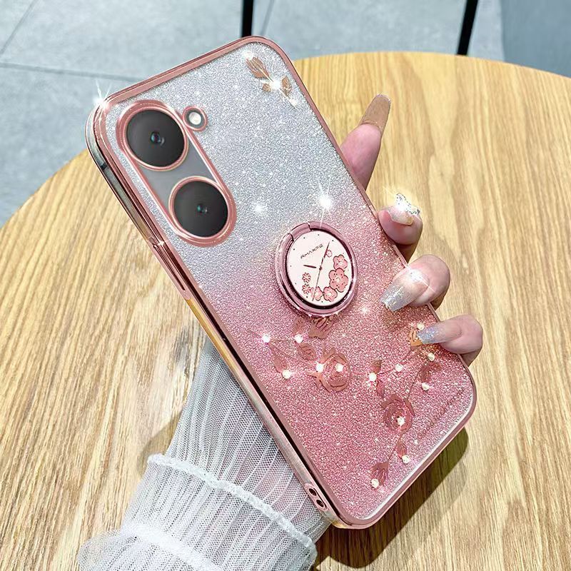 For Vivo Y03 4G/ Y18 4G Phone Case Flash Women's and Girls Pink Flower Transparent Shock Protection Luxury Diamond Shining Phone Case Soft TPU