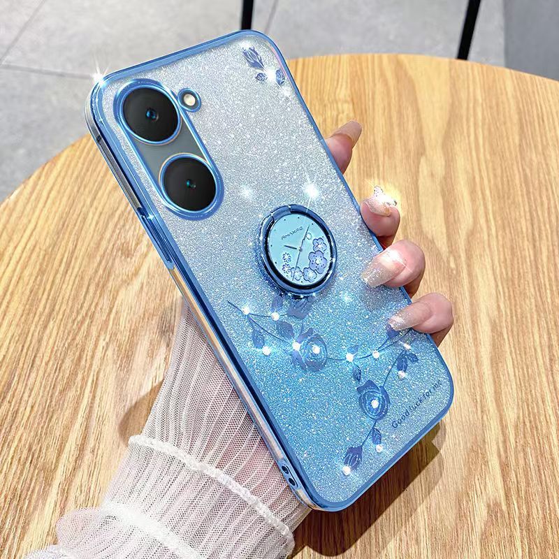 For Vivo Y03 4G/ Y18 4G Phone Case Flash Women's and Girls Pink Flower Transparent Shock Protection Luxury Diamond Shining Phone Case Soft TPU