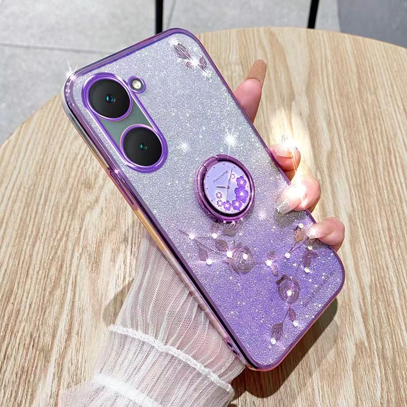 For Vivo Y03 4G/ Y18 4G Phone Case Flash Women's and Girls Pink Flower Transparent Shock Protection Luxury Diamond Shining Phone Case Soft TPU
