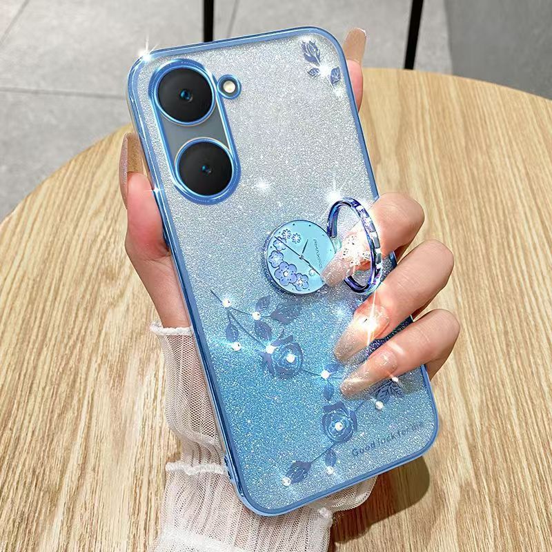 For Vivo Y03 4G/ Y18 4G Phone Case Flash Women's and Girls Pink Flower Transparent Shock Protection Luxury Diamond Shining Phone Case Soft TPU
