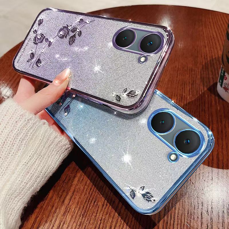 For Vivo Y03 4G/ Y18 4G Phone Case Flash Women's and Girls Pink Flower Transparent Shock Protection Luxury Diamond Shining Phone Case Soft TPU