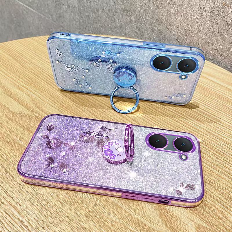For Vivo Y03 4G/ Y18 4G Phone Case Flash Women's and Girls Pink Flower Transparent Shock Protection Luxury Diamond Shining Phone Case Soft TPU