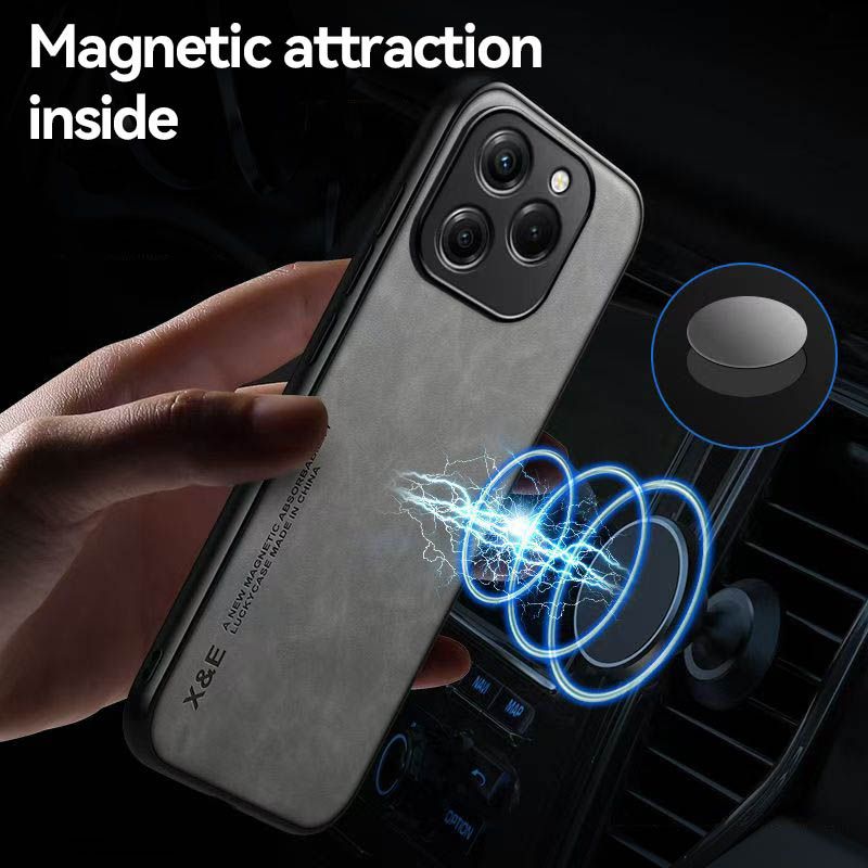 Business Luxury Sheepskin Pattern Leather Invisible Car Mounted Magnetic Phone Case For OPPO Realme C61/Realme C63, Shockproof Protective Case