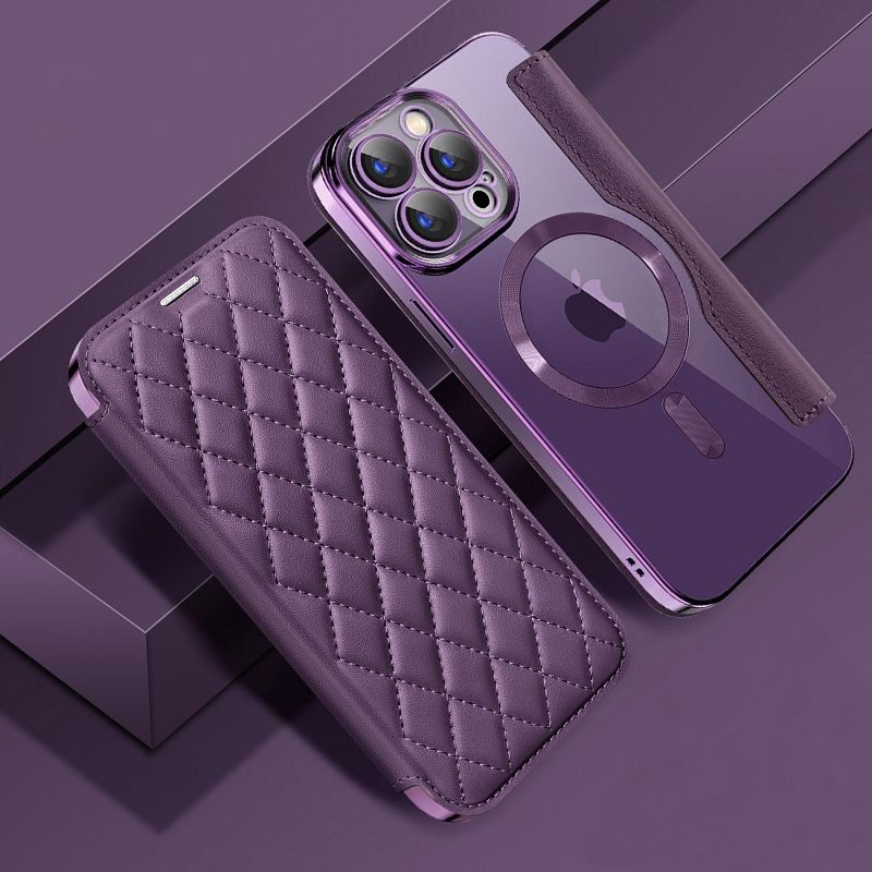 Flip Cover for iPhone 16 15 14 13 12 11 Pro Max,iPhone 14 15 16 Plus Magnetic Magsafe Leather Anti-theft Brush Electroplating Protective Case
