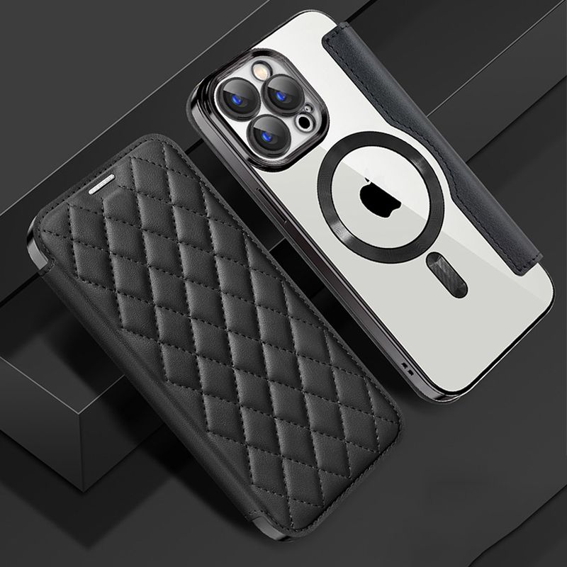 Flip Cover for iPhone 16 15 14 13 12 11 Pro Max,iPhone 14 15 16 Plus Magnetic Magsafe Leather Anti-theft Brush Electroplating Protective Case