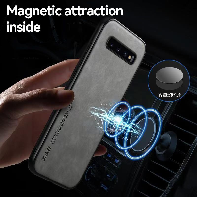 Business Luxury Sheepskin Pattern Leather Invisible Car Mounted Magnetic Phone Case For Samsung Galaxy S10+ 6.4"/S10 Plus 6.4" Shockproof Protective Case