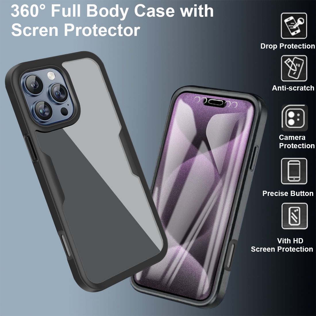 360 Full Protection Case for iPhone 16 Pro Max Cover Built-in Screen Protector