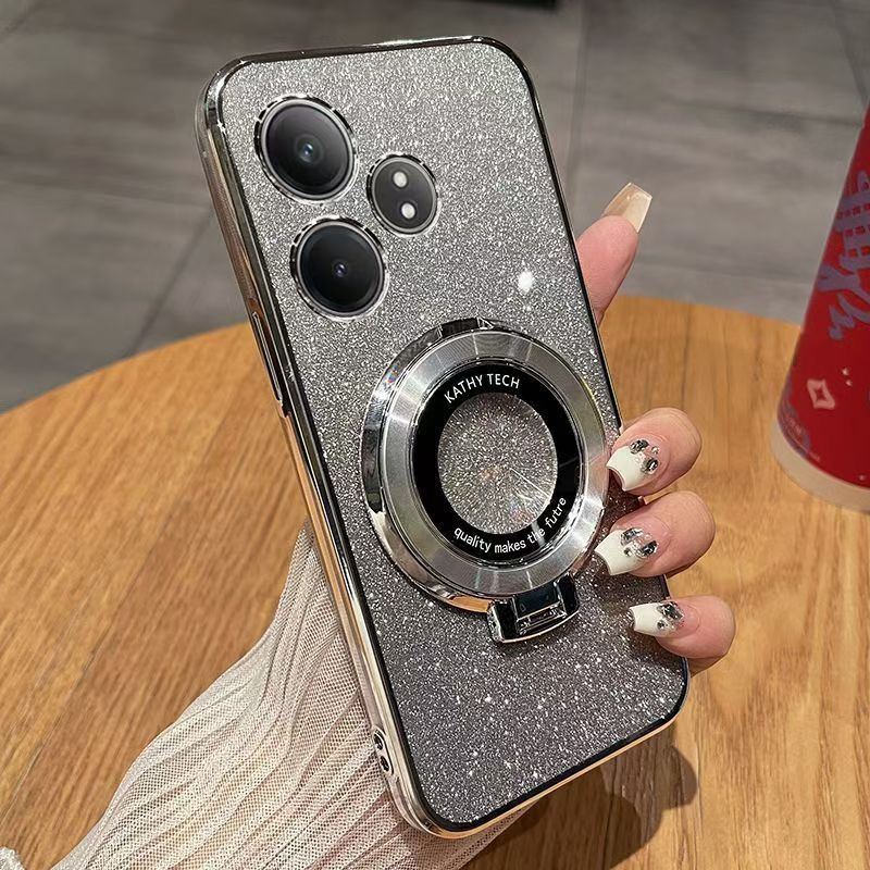 Luxury Magnetic Support Transparent Glitter Powder Phone Case For Oppo Realme GT Neo 6/Realme GT 6T/Realme GT Neo 6 SE Fall Prevention Protective Cover