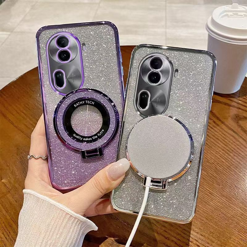 Luxury Transparent Glitter Powder Phone Case For OPPO Reno 11 Pro 5G Magnetic Support Fall Prevention Protective Cover