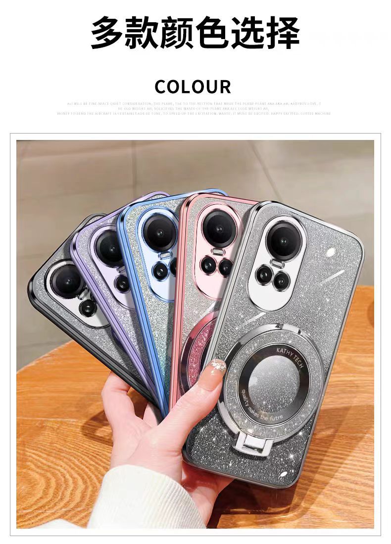 Luxury Transparent Glitter Powder Phone Case For OPPO Reno 10/Reno 10 Pro Magnetic Support Fall Prevention Protective Cover