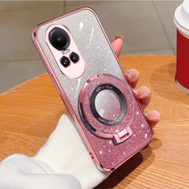 Luxury Transparent Glitter Powder Phone Case For OPPO Reno 10/Reno 10 Pro Magnetic Support Fall Prevention Protective Cover