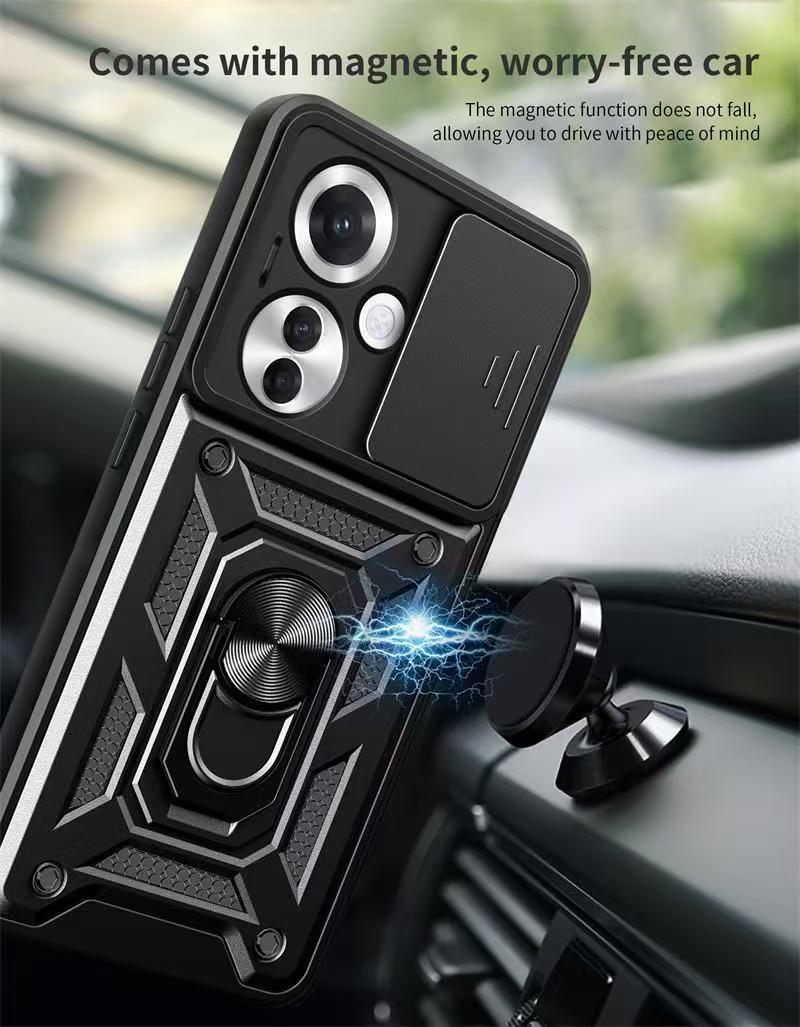 Luxury Slide Camera Lens Case For OPPO Reno 11F/Reno 11 F Shockproof Bumper Cover vehicle-mounted Magnetic Kickstand Cover