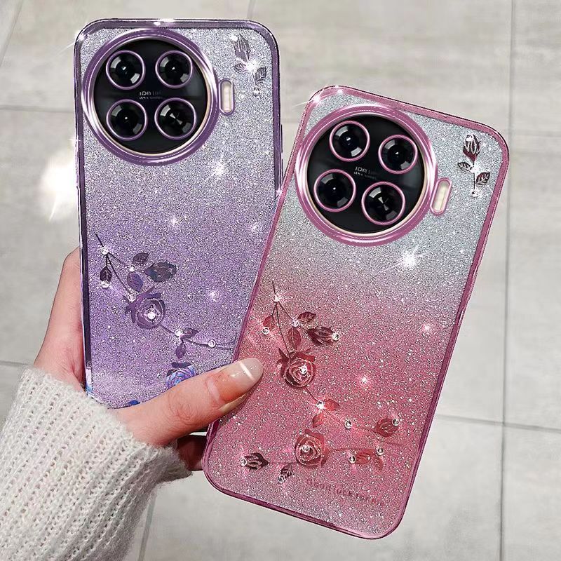 For Tecno Spark 20 Pro Plus/ Spark 20 Pro+ Phone Case Flash Women's and Girls Pink Flower Transparent Shock Protection Luxury Diamond Shining Phone Case Soft TPU