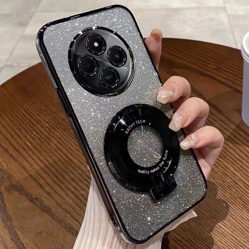 Luxury Transparent Glitter Powder Protective Cover For Xiaomi Redmi 14C Magnetic Support Phone Case