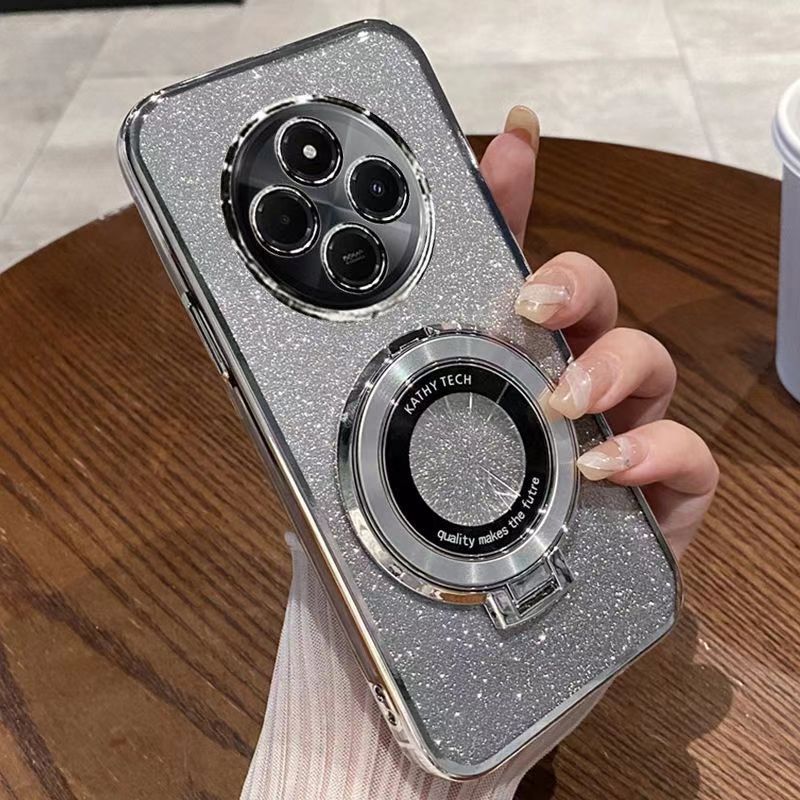 Luxury Transparent Glitter Powder Protective Cover For Xiaomi Redmi 14C Magnetic Support Phone Case