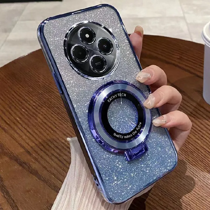 Luxury Transparent Glitter Powder Protective Cover For Xiaomi Redmi 14C Magnetic Support Phone Case