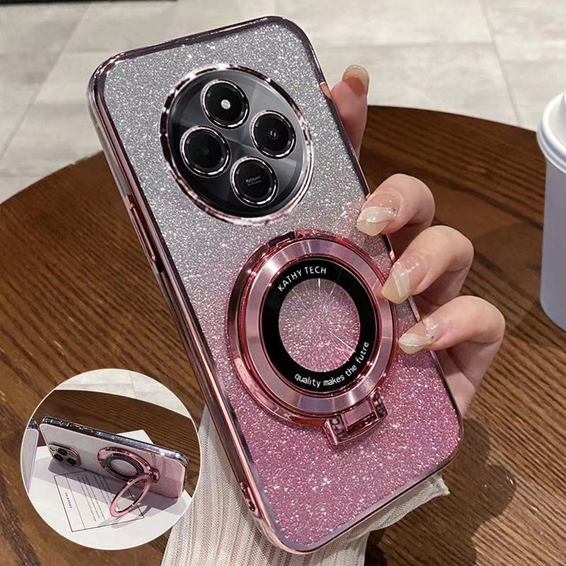 Luxury Transparent Glitter Powder Protective Cover For Xiaomi Redmi 14C Magnetic Support Phone Case