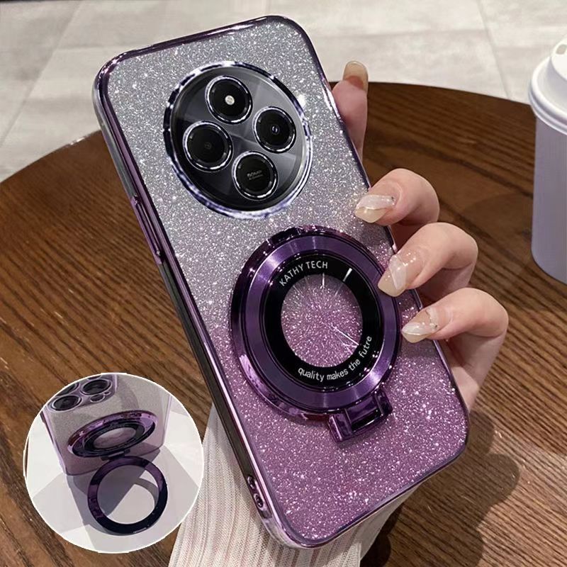 Luxury Transparent Glitter Powder Protective Cover For Xiaomi Redmi 14C Magnetic Support Phone Case